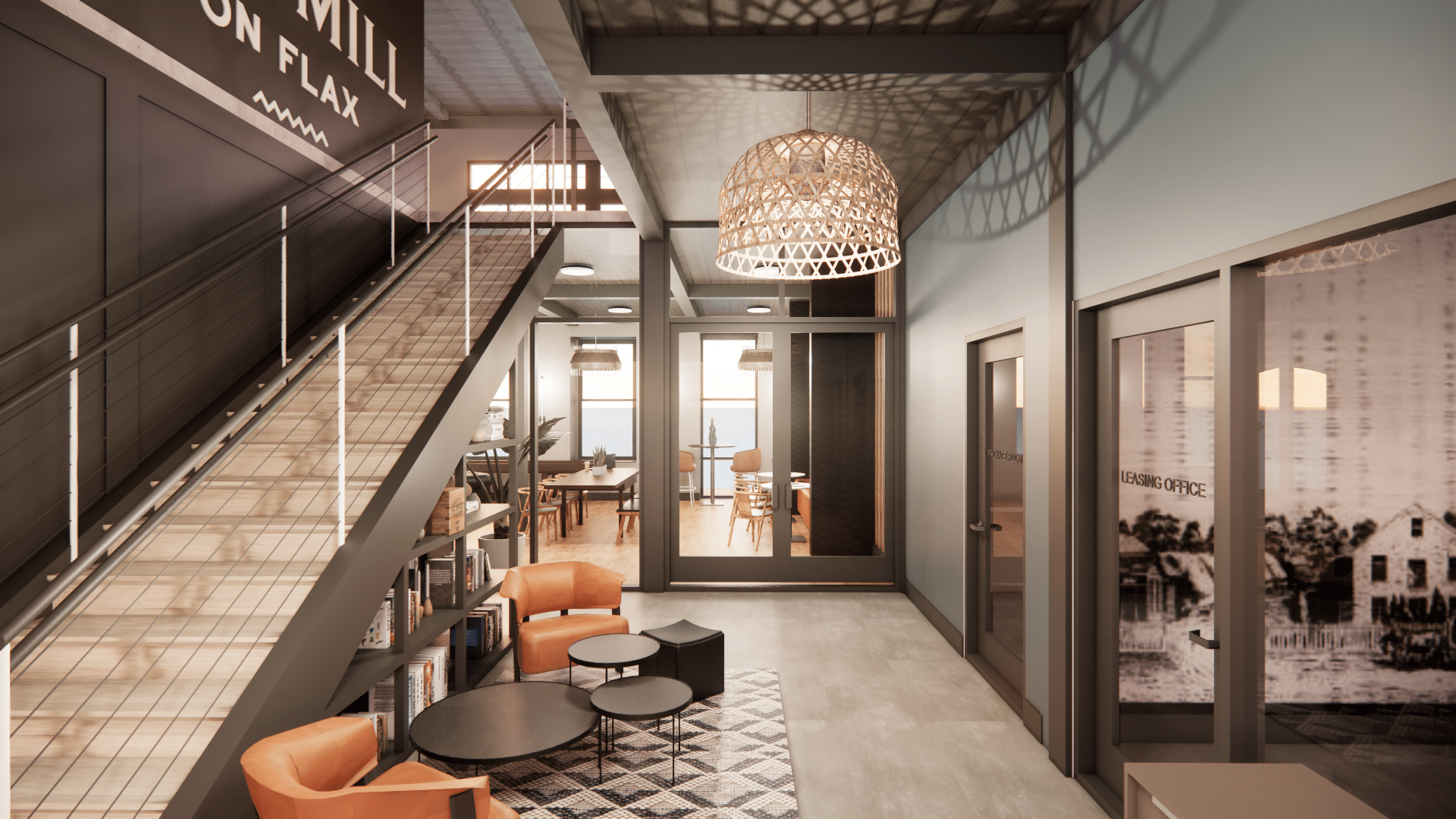 Modern office lobby with a staircase, pendant lamp, and seating area featuring orange chairs and round tables. Glass-walled rooms and a large sign displaying "COTTON MILL IRON FLAX" are visible.